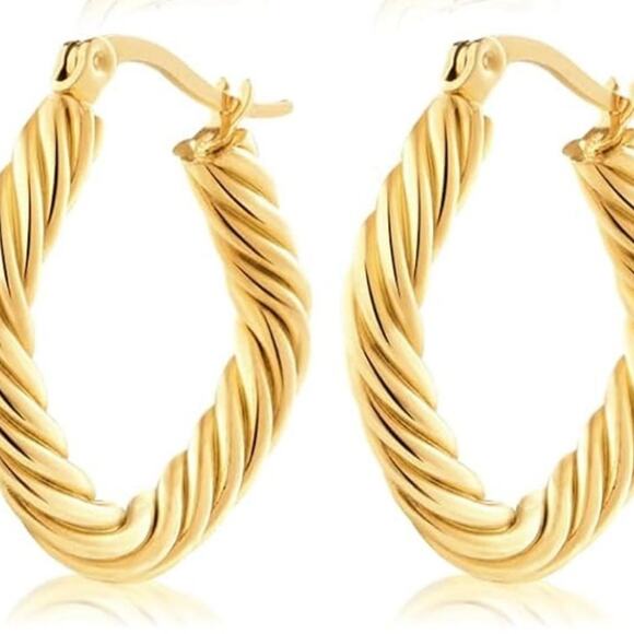 Gold Twisted Square Hoop Earrings - Picture 2 of 2